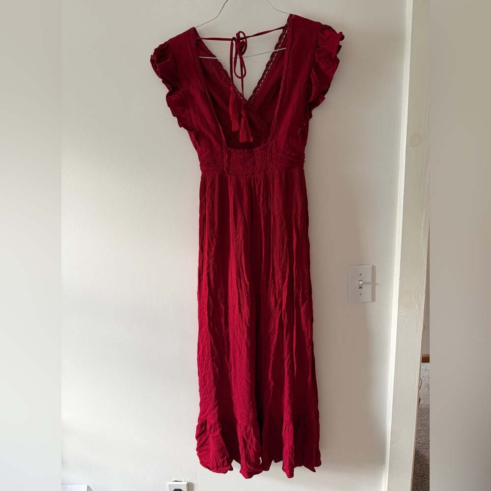 NWT Altar’d State Midi Ruffle Dress in Burgundy Red Size XS Holiday Party Guest - Picture 7 of 16